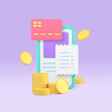 İnternet ödemesi çevrimiçi alışveriş siparişi akıllı telefon uygulaması 3d gerçekçi vektör illüstrasyonunu satın aldı. Cep telefonu ödemesi finansal para bankacılık işlem kartı makbuzu para nakit para