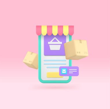Çevrimiçi alışveriş pazarı siparişi akıllı telefon uygulaması 3d gerçekçi vektör illüstrasyonu. İnternet tente mağazası malları siber uzay süpermarket hizmeti cep telefonu hesabı satın alıyor