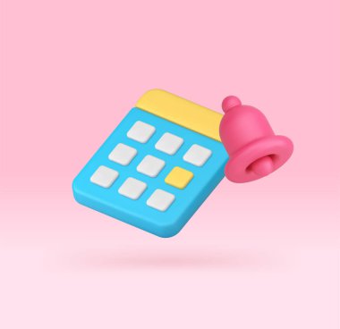 Takvim olay ajandası anımsatma tarihi bildirim zaman yönetimi 3d simge gerçekçi vektör illüstrasyonu. Alarm zili planlayıcısı Önemli uyarı doğruluk iş organizasyonu