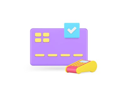 Kredi kartı başarısı POS terminal finans işlemleri 3d gerçekçi vektör illüstrasyonu. Para harcama alışverişi temas kurulamaz para transferi bankacılık çeki satın alma onaylandı