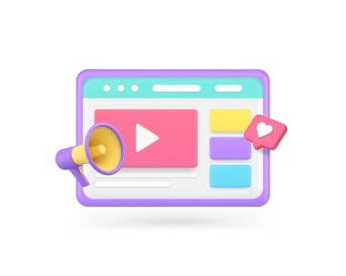 Video pazarlaması dijital multimedya içeriği reklamcılığı web internet tarayıcısı 3d gerçekçi vektör illüstrasyonu. Siber uzay iş bilgileri çevrimiçi yayın vlog sosyal medya ağı tanıtımı
