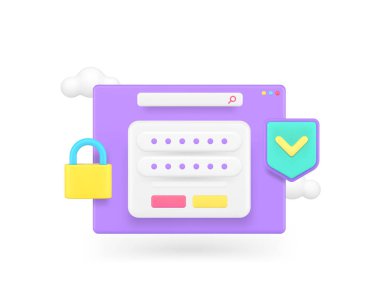 Veri bilgi güvenliği kişisel hesap şifresi siber 3d simge gerçekçi vektör illüstrasyonunu korur. İnternet güvenlik doğrulaması güvenli tarayıcı bireysellik tanımlama güvenlik duvarı kasası