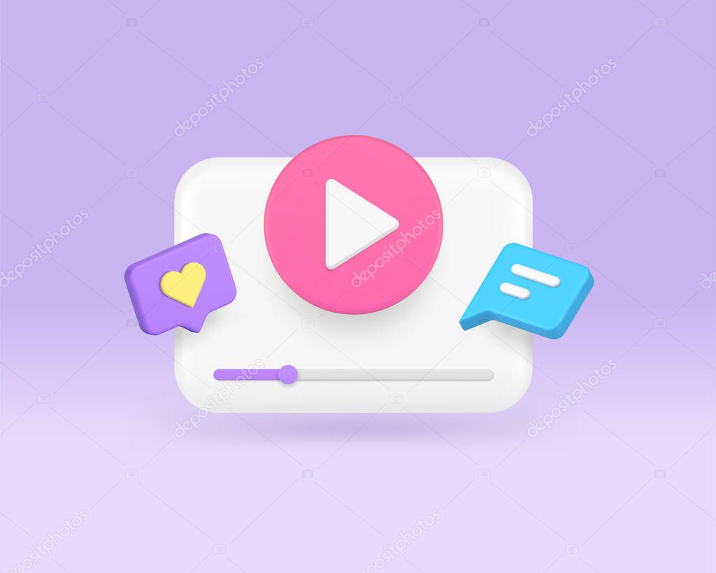 Multimedia content browse video audio play button social media network app 3d icon realistic vector illustration. Cyberspace user entertainment digital technology internet player broadcast service