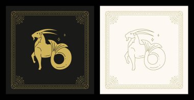 Balık kuyruğu mitolojisi karakter çizgisi Art deco vintage kart set vektör illüstrasyonlu Oğlak burcu keçisi. Astroloji burcu mitolojik hayvan gökyüzü takımyıldızı astronomi gelecek tahminleri