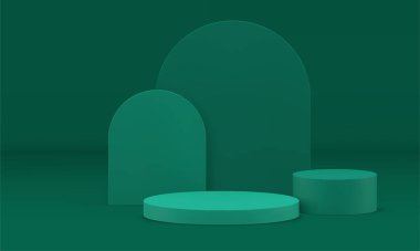 Podyum 3d yeşil görüntü geometrik temel ürün premium sunumu gerçekçi vektör illüstrasyonu için. Yaya inşaat silindiri sütun kıvrımlı duvar arka planı minimum.