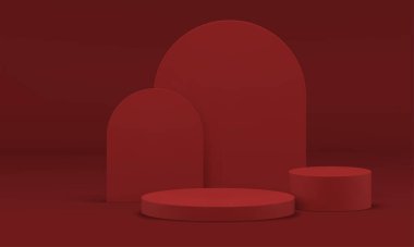 Podyum kırmızı 3d inşaat silindiri temel eğimli duvar vitrini tasarımı gerçekçi vektör illüstrasyonu. Pedestal geometrik ödül arenası etkinlik seremonisi sahnenin minimum hazırlanmasını kutluyor