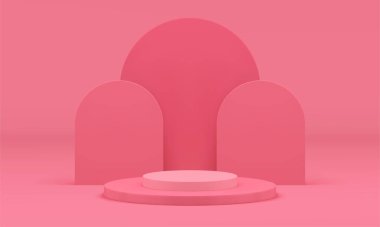 3d podyum pembe geometrik yapı silindiri seviyesinde temel gerçekçi vektör çizimi. Pedestal sergi platformu mimarlık ödülü stüdyo arka planının en aza indirgenmesi