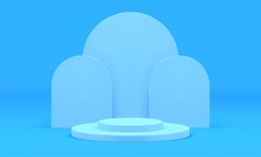 Ürün premium sunumu için 3d podyum mavisi geometrik yapı ödüllü silindir seviye adımları gerçekçi vektör illüstrasyonu. Pedestal temel dayanak minimum işleme stüdyo arka planı