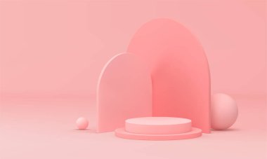 Pembe 3d kaidesel seviye silindir aşama temel temel temel duvar eğimli gerçekçi vektör illüstrasyonu. Podyum ödüllü arena töreni geometrik inşaat perakende satış platformunu kutluyor