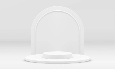 3d podyum silindir ödüllü beyaz sahne seviyesi yapı dikey eğimli duvar çerçeve gerçekçi vektör illüstrasyonu. Temel temel temel temel ürün tanıtım aşaması sunum standı