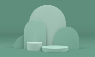 Ürün premium sunumu için yeşil 3d kaidesel eğimli duvar silindir yapısı gerçekçi vektör illüstrasyonu. Podyum temel temel mimari yuvarlak geometrik sergi odası dekorasyonu tasarımı