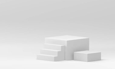 Beyaz 3d podyum geometrik sahne merdiven ürünü premium sunumu gerçekçi vektör illüstrasyonu. Temel temel temel temel dikdörtgen kutu, asgari soyut vitrin ödül töreni
