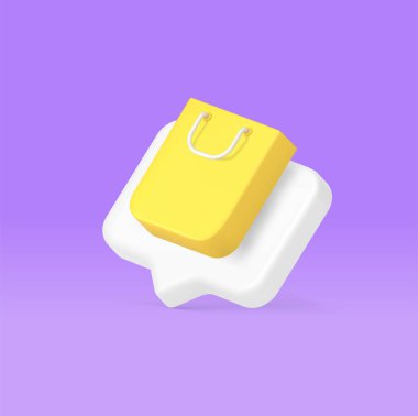 Alışveriş torbası ipuçları internet hatırlatması satın alma siparişi pazar yeri 3d gerçekçi vektör illüstrasyonu. Ticari satın alma mağazası tebligat indirimi uyarı uyarısı