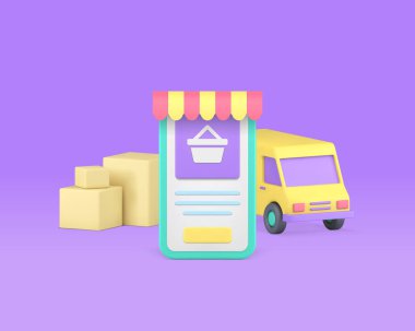 Çevrimiçi alışveriş pazarı akıllı telefon uygulama siparişi teslimatı 3d gerçekçi vektör illüstrasyonu. İnternet mağazası cep telefonu ticareti ve iş dünyası siber alan perakende satış platformu