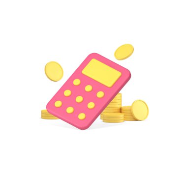 Para hesaplama finansal muhasebe iş dengesi bütçesi 3D ikon gerçekçi vektör illüstrasyonunu analiz ediyor. Nakit para birimi yönetim hesap makinesi gider vergisi hesaplamasını kontrol ediyor