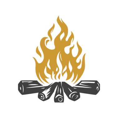 Kamp ateşi yakacak odun yakma kampı klasik ikon tasarımı izometrik vektör çizimi. Kamp ateşi altın alevli orman enerji yakıtı dışarıda sıcak yürüyüş durdurma logosu