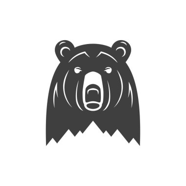 Bear Dağı baş monokrom siluet kamp vintage logo tasarım vektör çizimi. Vahşi boz ayı etobur hayvan portresi uçurum kaya çift pozlama etkisi maskot ikonu