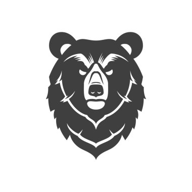 Agresif ayı ağızlık, kızgın yırtıcı tek renkli ikon tasarım vektör illüstrasyonu. Tehlikeli boz portre etobur hayvan gücü vahşi hayvan kampı av kampı logosu.