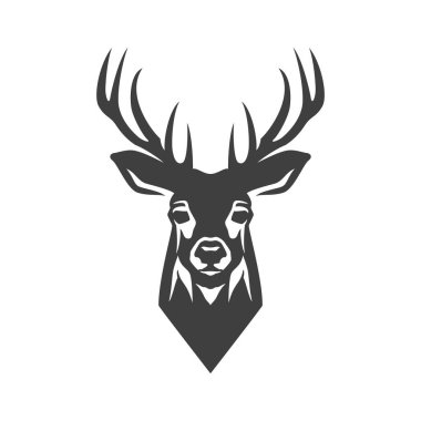 Geyik başlıklı av kampı monokrom klasik ikon tasarım vektör çizimi. Ren geyiği boynuzlu hayvan boynuzu portresi vahşi yaşam hayvanat bahçesi güçlü hayvan ormanı maskotu logosu