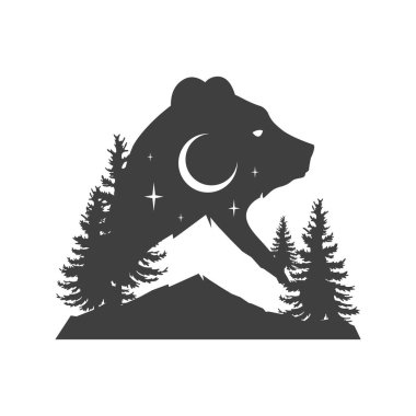 Bear Mountain Ormanı Ladini çift pozlama efekti monokrom vintage logo tasarım vektör çizimi. Doğa gezisi macera yürüyüşü keşif keşfi minimalist simge