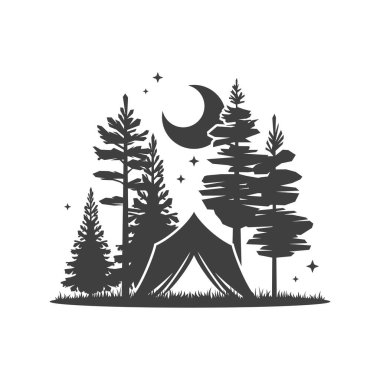 Kamp çadırı gece durdurma ladin ormanı yarım ay manzara klasik ikon tasarım vektör illüstrasyonu. Kamp gezisi yaz gezisi doğa seyahati gece manzarası logosu çok az.