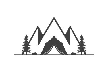 Kamp çadırı keşfi doğa keşfi dağ ladin turizmi macera klasik ikon vektör illüstrasyonu. Kamp gezisi yaz aylarında gezintiye çıkarak kayalık ağaçlar manzarayı durdurur.