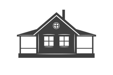 Kamp kabini köy ahşap kulübe kır evi kırsal çiftlik eski model ikon vektör illüstrasyonu. Kamp kır evi kulübesi. Çatı penceresi var. Yaz tatili tatili, kırsal yaşam tarzı.