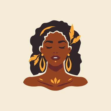 Güzel siyah derili Afrikalı kadın portresi kabile altın mücevher estetik boho vektör düz çizim. Moda Afro kadın kafası koyu renk, sarı küpeler doğal yüz ve saç.