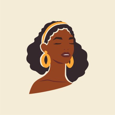 Altın mücevher aksesuarlarında kapalı gözleri olan siyah tenli Afrikalı kadın düz çizim. Afro kadın portresi etnik bronzlaşma ve el yapımı estetik duvar resimleri.