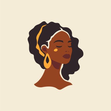 Altın küpeli moda Afrikalı kadın portresi bohem el yazısı duvar resmi düz resim çizimi. Güzel Afro kadın baş siyah ten sarı aksesuarlar geleneksel etnik prenses bayan