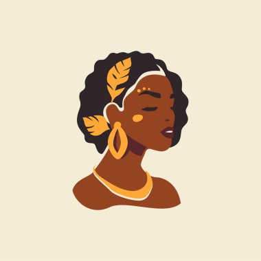 Afrikalı boho kadın, altın mücevher aksesuarlarının başı. El çizimi, duvar resmi, poster logosu, düz çizim. Afro kadın şık estetik geleneği moda sarı kolye tişörtü