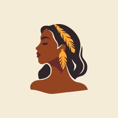 Romantik Afrikalı boho kadın siyah ten altın aksesuarları düz portre portresi çizimi. Zarif Afro güzellik kadın şık bohem estetik saç stili kafa çizimi gömlek baskısı duvar resmi