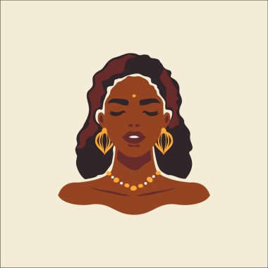 Kabile Afrikalı siyahi kadın etnik saç stili koyu ten altın mücevher aksesuarları düz çizim. Geleneksel Afro kadın yüzü, küpeli, kolyeli, güzel duvar resimli.