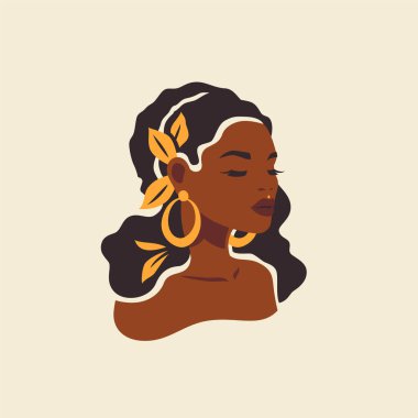 Güzel Afrikalı kadın altın mücevher, boho aksesuar, vektör düz çizim portresi bırakır. Moda siyahi kadın, koyu tenli, etnik saç stili şık estetik moda Afro modern minimal avatarla karşı karşıya