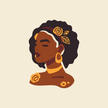 Romantik boho Afrikalı kadın portresi moda altın aksesuar el çizimi vektör düz illüstrasyon. Zarif Afro etnik kabile kadın yüzü ve saçları koyu ten çiçekli botanik mücevher şık dekor