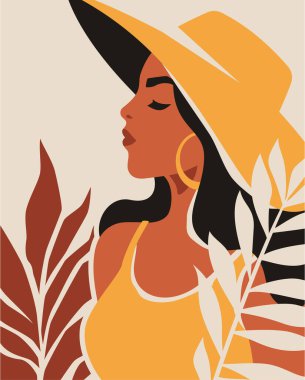 Doğal tropikal yapraklı moda siyahi kadın, çağdaş sanat posteri, minimal stil düz çizim. Güzel stil genç koyu tenli kadın estetik şık moda boho silueti