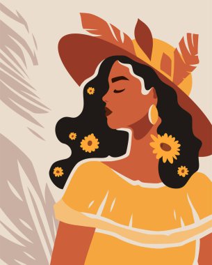 Romantik yaz, Afro boho kadın sarı şapkalı klasik tropikal arka plan modern sanat poster düz çizimi. Zarif Afrikalı kadın portresi doğa eğreltiotu yaprağı estetik çiçek saç stili