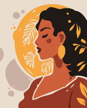 Güzel Afrikalı bohem kadın zarif tropikal yaz güneşi çizimi çağdaş sanat posteri düz çizimi. Moda Afro kadın soyut portresi botanik yaprak klasik arka plan
