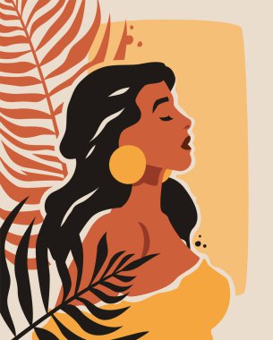 Afrikalı kadın soyut güzellik portresi tropikal moda çağdaş sanat el çizimi poster düz çizimi. Afro kadın, sarı elbiseli romantik doğa eğreltiotu.