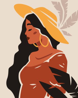 Boho Afrikalı yaz siyahi kadın klasik tropikal arkaplan poster düz illüstrasyon üzerinde zarif bir siluet. Güzel Afro Koyu tenli kadın portresi zarif şapka ve elbise çağdaş minimal sanat