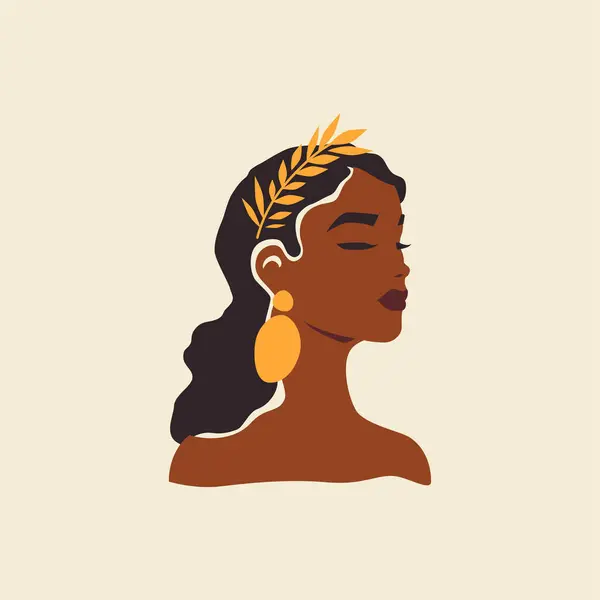 Romántica Mujer Negra Africana Boho Fern Laurel Corona Pendientes Oro Ilustración De Stock