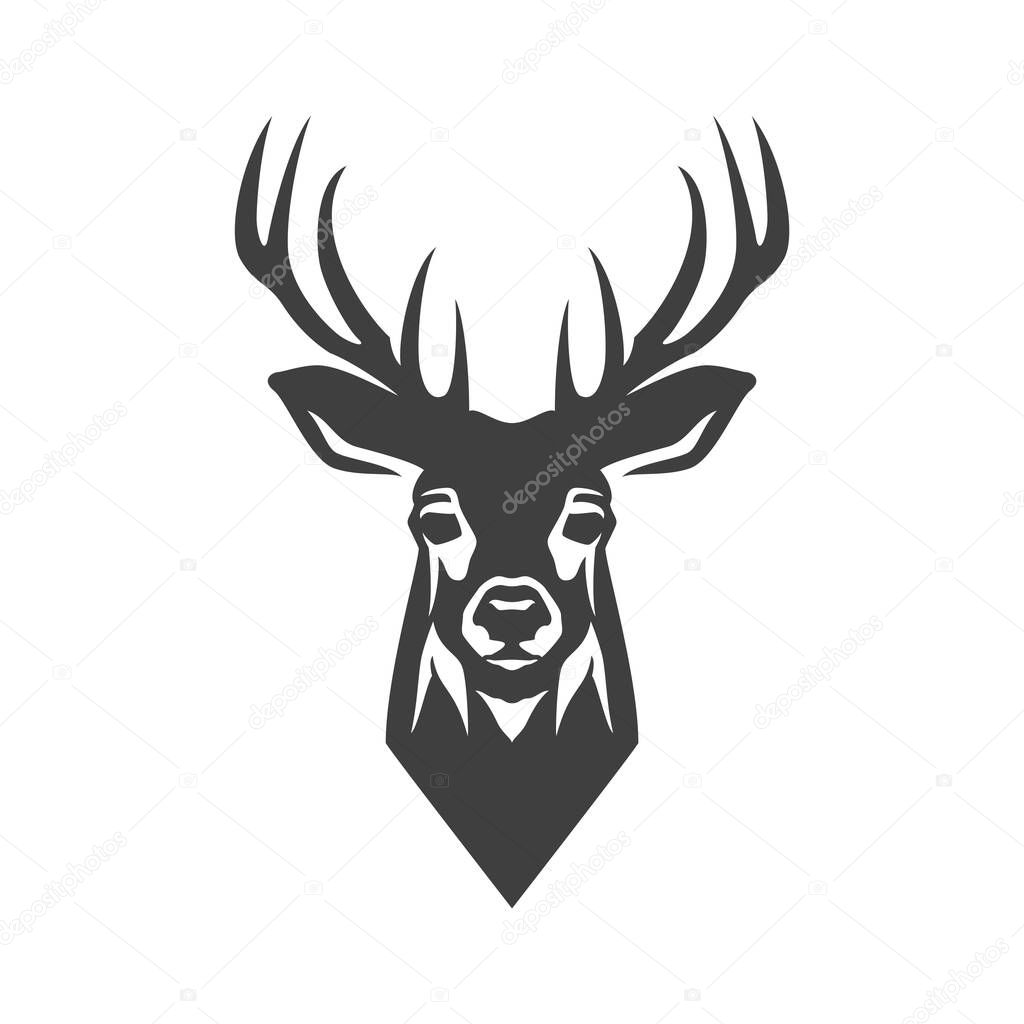 Deer muzzle head hunting camping monochrome vintage icon design vector illustration. Reindeer mammal horned animal antler portrait wildlife nature zoo powerful fauna forest creature mascot logo