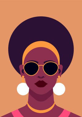 Tişört baskı kartı poster çizimi için siyah güzel kadın sanat portresi. Güneş gözlüklü Afrikalı Amerikalı güçlü moda kadın yüzü bej arka planda cesur kadın desteği