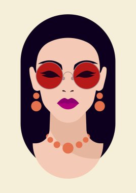Moda japon kadın güneş gözlüklü portresi t-shirt posteri düz çizimi için bastırıyor. Kolyeli genç bir kadın yüzü. Çağdaş minimalist esmer saçlı.