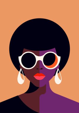 African black woman pop art portrait vibrant color poster minimal t shirt print vector flat illustration. Afro fashion female in sunglasses and earrings contemporary strong feminine support concept clipart