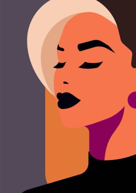 Moda sarışının yüzü soyut pop sanatının rengarenk boyası. Poster tişört desenli düz çizim için. Güçlü güzel kadın portresi, minimum siluet konsepti feminizm bağımsızlığı