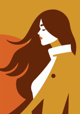 Moda kadını uzun saçlarını sallıyor. Sonbahar pastel renkli portre. Gömlek baskısı düz çizim. Güzel romantik kadın minimalist siluet modern sanat soyut benek boyası arka plan