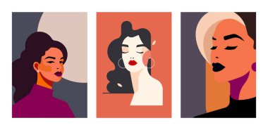 Soyut pop sanatının kadın portresi güçlü romantik siluet pastel boya posteri düz vektör çizimi. Kadın güzellik baş makyajı minimalist çağdaş sanat eserleri moda kadın figürü