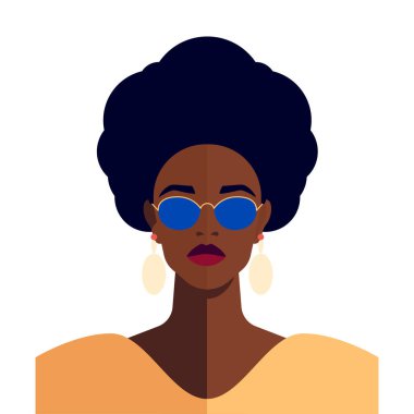 Güçlü moda Afro-Amerikan siyahi kadın, etnik saç stili avatar vektör düz resimlerini çiziyor. Kendine güvenen Afro kadın yarım ton pop sanatının, güneş gözlüklü minimalist yüzü ve zarif bir güzelliği var.