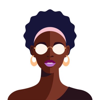 Modern stil sahibi Afrikalı kadın portresi güzelliği, etnik saç stili minimalist avatar vektör düz resimle karşılaşıyor. Moda Afro siyah kadın kafası yarım ton pop sanat rengi moda güneş gözlüğü küpeleri